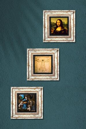 Da Vinci Kayalıklar Bakiresi, Mona Lisa, Vitruvius Adamı Taş Duvar Tablosu Çerçeveli Duvar Dekoru 3 Parça Tablo Seti Wall Art