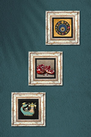 Nazar Boncuğu, Şahmeran, Nar Taş Duvar Tablosu Çerçeveli Duvar Dekoru 3 Parça Tablo Seti Wall Art