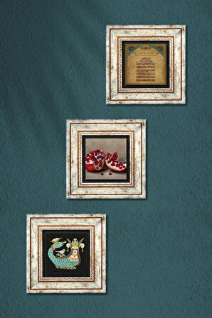 Ayet-el Kürsi, Şahmeran, Nar Taş Duvar Tablosu Çerçeveli Duvar Dekoru 3 Parça Tablo Seti Wall Art