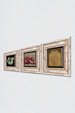 Bereket Duası, Şahmeran, Nar Taş Duvar Tablosu Çerçeveli Duvar Dekoru 3 Parça Tablo Seti Wall Art