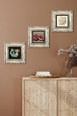 Allah Lafzı, Şahmeran, Nar Taş Duvar Tablosu Çerçeveli Duvar Dekoru 3 Parça Tablo Seti Wall Art