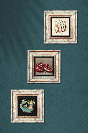 Allah Lafzı, Şahmeran, Nar Taş Duvar Tablosu Çerçeveli Duvar Dekoru 3 Parça Tablo Seti Wall Art