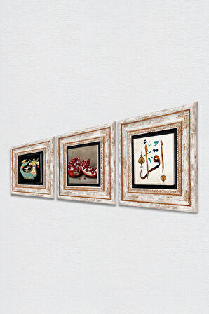 İlk Ayet 'Oku', Şahmeran, Nar Taş Duvar Tablosu Çerçeveli Duvar Dekoru 3 Parça Tablo Seti Wall Art