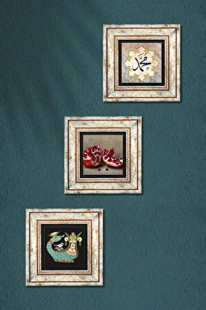 Hz. Muhammed Lafzı, Şahmeran, Nar Taş Duvar Tablosu Çerçeveli Duvar Dekoru 3 Parça Tablo Seti Wall Art