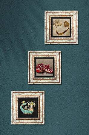 Vav, Şahmeran, Nar Taş Duvar Tablosu Çerçeveli Duvar Dekoru 3 Parça Tablo Seti Wall Art