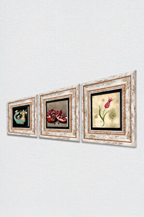 Lale Ebru Sanatı, Şahmeran, Nar Taş Duvar Tablosu Çerçeveli Duvar Dekoru 3 Parça Tablo Seti Wall Art
