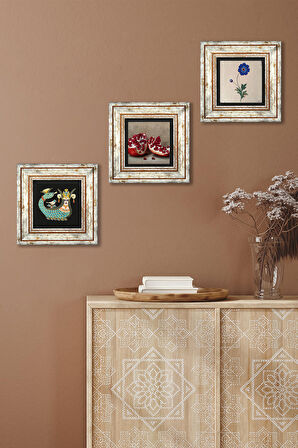 Ebru Sanatı, Şahmeran, Nar Taş Duvar Tablosu Çerçeveli Duvar Dekoru 3 Parça Tablo Seti Wall Art