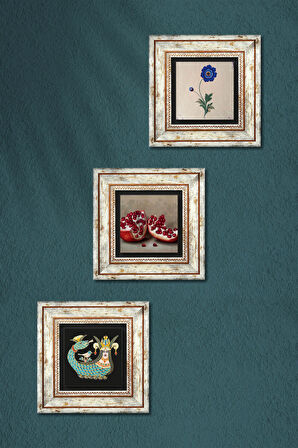 Ebru Sanatı, Şahmeran, Nar Taş Duvar Tablosu Çerçeveli Duvar Dekoru 3 Parça Tablo Seti Wall Art