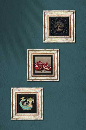 Hayat Ağacı, Şahmeran, Nar Taş Duvar Tablosu Çerçeveli Duvar Dekoru 3 Parça Tablo Seti Wall Art