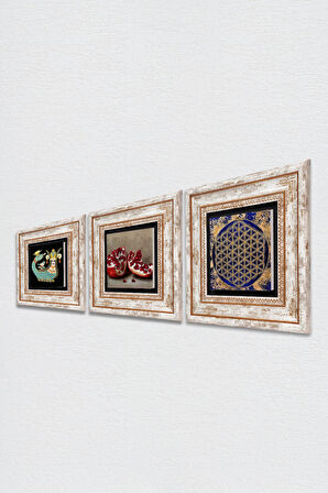 Yaşam Çiçeği, Şahmeran, Nar Taş Duvar Tablosu Çerçeveli Duvar Dekoru 3 Parça Tablo Seti Wall Art