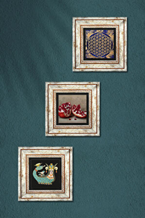 Yaşam Çiçeği, Şahmeran, Nar Taş Duvar Tablosu Çerçeveli Duvar Dekoru 3 Parça Tablo Seti Wall Art
