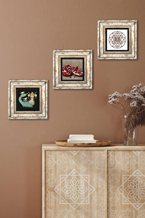 Sri Yantra, Şahmeran, Nar Taş Duvar Tablosu Çerçeveli Duvar Dekoru 3 Parça Tablo Seti Wall Art
