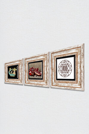 Sri Yantra, Şahmeran, Nar Taş Duvar Tablosu Çerçeveli Duvar Dekoru 3 Parça Tablo Seti Wall Art