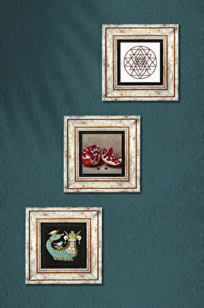 Sri Yantra, Şahmeran, Nar Taş Duvar Tablosu Çerçeveli Duvar Dekoru 3 Parça Tablo Seti Wall Art