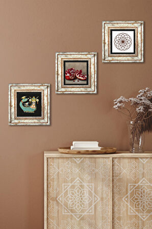 Yaşam Çiçeği, Şahmeran, Nar Taş Duvar Tablosu Çerçeveli Duvar Dekoru 3 Parça Tablo Seti Wall Art