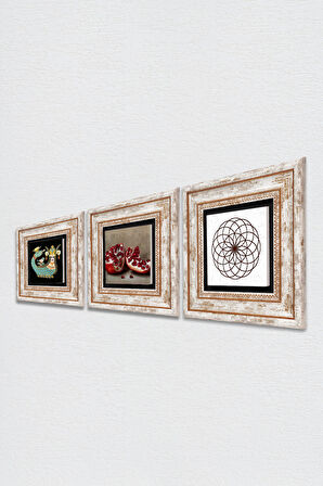 Yaşam Çiçeği, Şahmeran, Nar Taş Duvar Tablosu Çerçeveli Duvar Dekoru 3 Parça Tablo Seti Wall Art