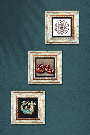 Yaşam Çiçeği, Şahmeran, Nar Taş Duvar Tablosu Çerçeveli Duvar Dekoru 3 Parça Tablo Seti Wall Art
