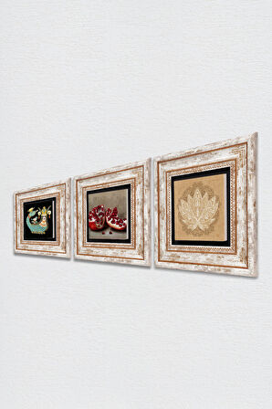 Lotus Çiçeği, Şahmeran, Nar Taş Duvar Tablosu Çerçeveli Duvar Dekoru 3 Parça Tablo Seti Wall Art