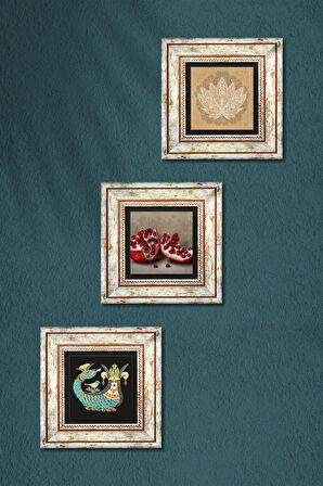 Lotus Çiçeği, Şahmeran, Nar Taş Duvar Tablosu Çerçeveli Duvar Dekoru 3 Parça Tablo Seti Wall Art