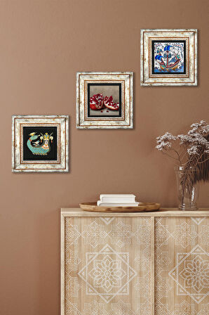 Çini Sanatı Yelkenli Gemi, Şahmeran, Nar Taş Duvar Tablosu Çerçeveli Duvar Dekoru 3 Parça Tablo Seti Wall Art