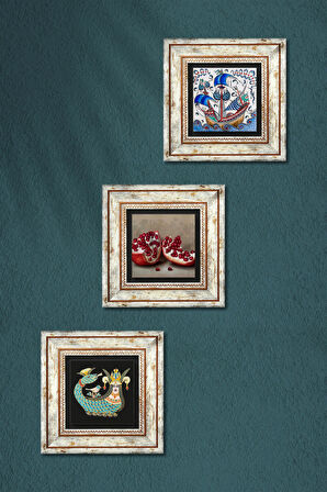 Çini Sanatı Yelkenli Gemi, Şahmeran, Nar Taş Duvar Tablosu Çerçeveli Duvar Dekoru 3 Parça Tablo Seti Wall Art