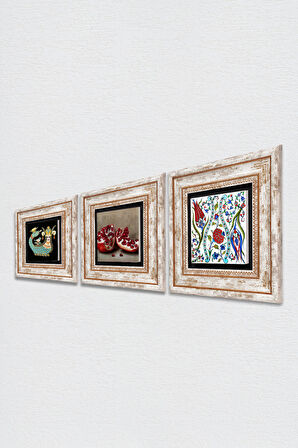 Çini Sanatı Lale, Şahmeran, Nar Taş Duvar Tablosu Çerçeveli Duvar Dekoru 3 Parça Tablo Seti Wall Art