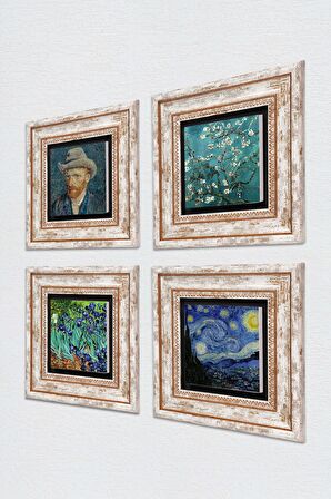Van Gogh Yıldızlı Gece, Badem Ağacı, İrisler, Otoportre Taş Duvar Tablosu Çerçeveli Duvar Dekoru 4 Parça Tablo Seti Wall Art