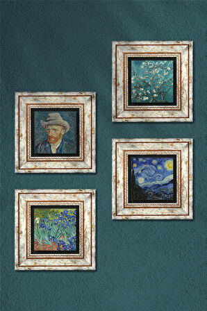 Van Gogh Yıldızlı Gece, Badem Ağacı, İrisler, Otoportre Taş Duvar Tablosu Çerçeveli Duvar Dekoru 4 Parça Tablo Seti Wall Art