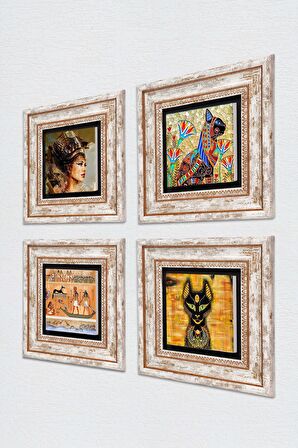 Antik Mısır Taş Duvar Tablosu Çerçeveli Duvar Dekoru 4 Parça Tablo Seti Wall Art