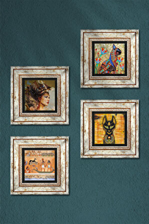 Antik Mısır Taş Duvar Tablosu Çerçeveli Duvar Dekoru 4 Parça Tablo Seti Wall Art