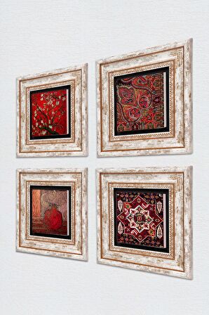 Nar, Desen, Badem Ağacı Taş Duvar Tablosu Çerçeveli Duvar Dekoru 4 Parça Tablo Seti Wall Art