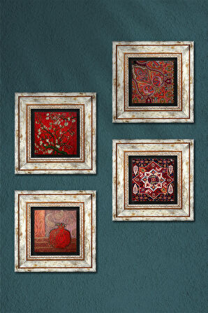 Nar, Desen, Badem Ağacı Taş Duvar Tablosu Çerçeveli Duvar Dekoru 4 Parça Tablo Seti Wall Art