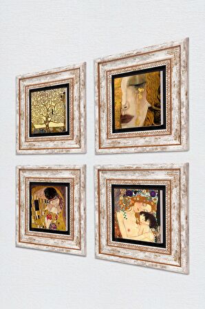 Gustav Klimt Altın Gözyaşları, Anne Çocuk, Öpücük, Hayat Ağacı Taş Duvar Tablosu Çerçeveli Duvar Dekoru 4 Parça Tablo Seti Wall Art