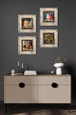 Kaplumbağa Terbiyecisi, İki Müzisyen Kız, Halı Tüccarı, Satranç Taş Duvar Tablosu Çerçeveli Duvar Dekoru 4 Parça Tablo Seti Wall Art