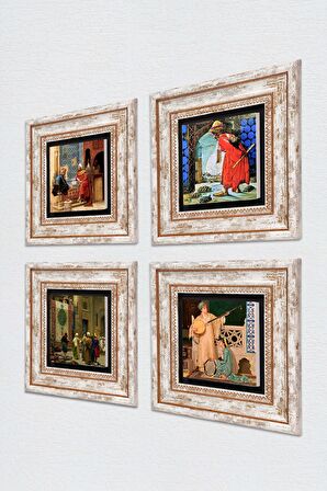 Kaplumbağa Terbiyecisi, İki Müzisyen Kız, Halı Tüccarı, Satranç Taş Duvar Tablosu Çerçeveli Duvar Dekoru 4 Parça Tablo Seti Wall Art