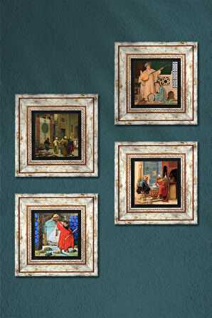 Kaplumbağa Terbiyecisi, İki Müzisyen Kız, Halı Tüccarı, Satranç Taş Duvar Tablosu Çerçeveli Duvar Dekoru 4 Parça Tablo Seti Wall Art