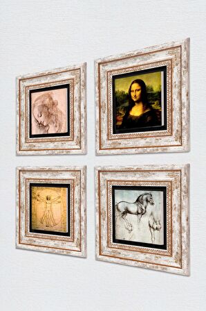 Leonardo da Vinci Taş Duvar Tablosu Çerçeveli Duvar Dekoru 4 Parça Tablo Seti Wall Art
