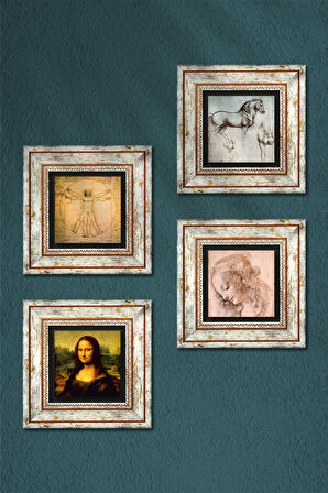Leonardo da Vinci Taş Duvar Tablosu Çerçeveli Duvar Dekoru 4 Parça Tablo Seti Wall Art