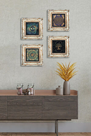 Mandala, Nazar, Yaşam Çiçeği, Hayat Ağacı Taş Duvar Tablosu Çerçeveli Duvar Dekoru 4 Parça Tablo Seti Wall Art