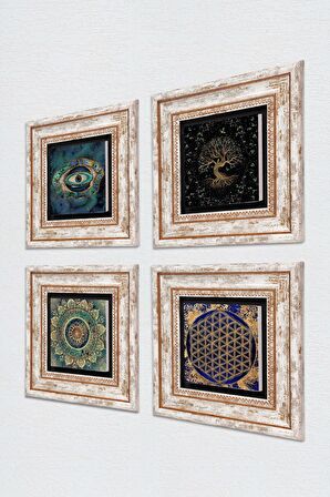 Mandala, Nazar, Yaşam Çiçeği, Hayat Ağacı Taş Duvar Tablosu Çerçeveli Duvar Dekoru 4 Parça Tablo Seti Wall Art