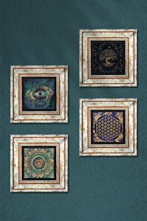 Mandala, Nazar, Yaşam Çiçeği, Hayat Ağacı Taş Duvar Tablosu Çerçeveli Duvar Dekoru 4 Parça Tablo Seti Wall Art