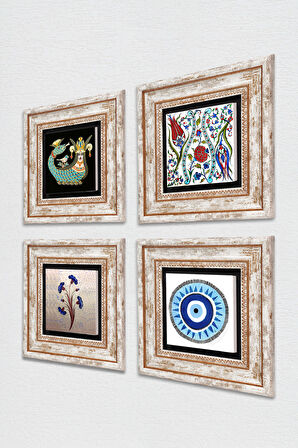 Nazar, Ebru Sanatı, Lale, Şahmeran Taş Duvar Tablosu Çerçeveli Duvar Dekoru 4 Parça Tablo Seti Wall Art