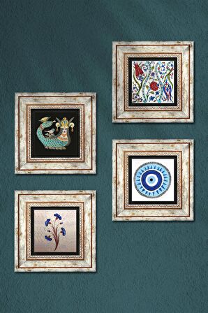 Nazar, Ebru Sanatı, Lale, Şahmeran Taş Duvar Tablosu Çerçeveli Duvar Dekoru 4 Parça Tablo Seti Wall Art