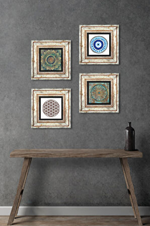 Nazar, Mandala, Yaşam Çiçeği Taş Duvar Tablosu Çerçeveli Duvar Dekoru 4 Parça Tablo Seti Wall Art