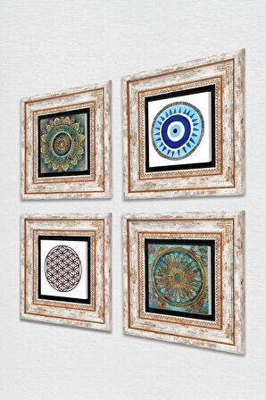 Nazar, Mandala, Yaşam Çiçeği Taş Duvar Tablosu Çerçeveli Duvar Dekoru 4 Parça Tablo Seti Wall Art