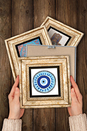 Nazar, Mandala, Yaşam Çiçeği Taş Duvar Tablosu Çerçeveli Duvar Dekoru 4 Parça Tablo Seti Wall Art