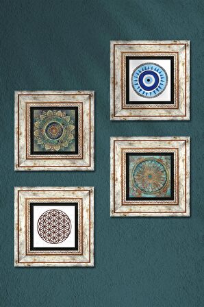 Nazar, Mandala, Yaşam Çiçeği Taş Duvar Tablosu Çerçeveli Duvar Dekoru 4 Parça Tablo Seti Wall Art