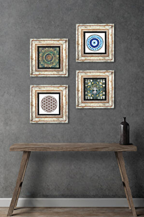 Nazar, Hayat Ağacı, Mandala, Yaşam Çiçeği Taş Duvar Tablosu Çerçeveli Duvar Dekoru 4 Parça Tablo Seti Wall Art