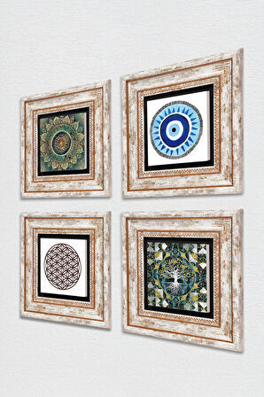 Nazar, Hayat Ağacı, Mandala, Yaşam Çiçeği Taş Duvar Tablosu Çerçeveli Duvar Dekoru 4 Parça Tablo Seti Wall Art