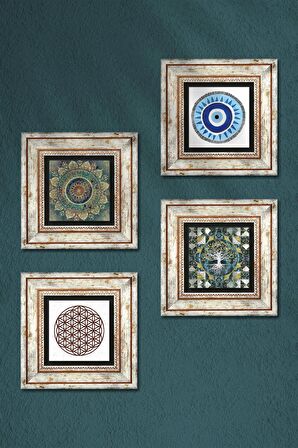 Nazar, Hayat Ağacı, Mandala, Yaşam Çiçeği Taş Duvar Tablosu Çerçeveli Duvar Dekoru 4 Parça Tablo Seti Wall Art
